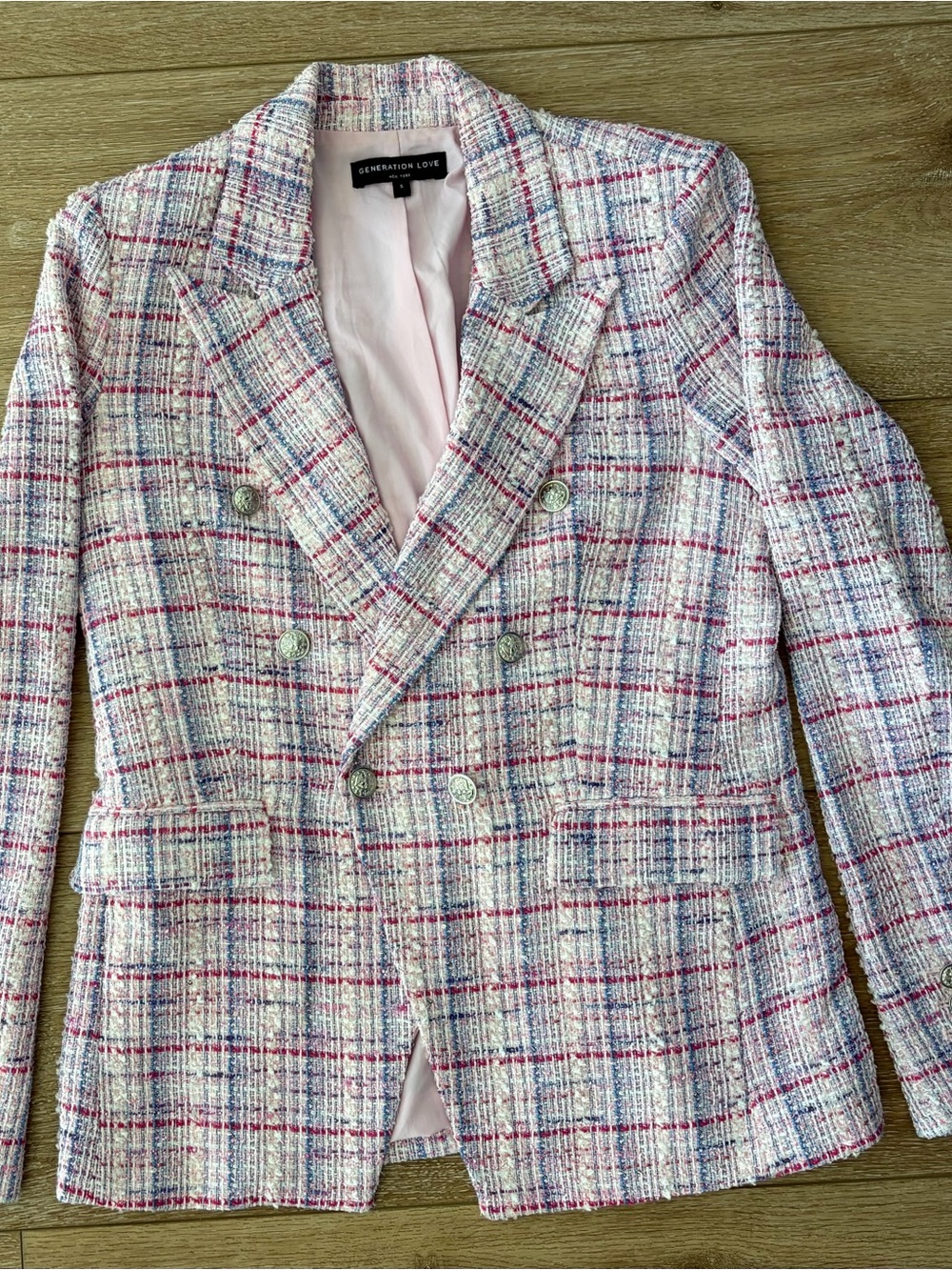 Generation Love Pink Plaid Tweed Double-Breasted Blazer